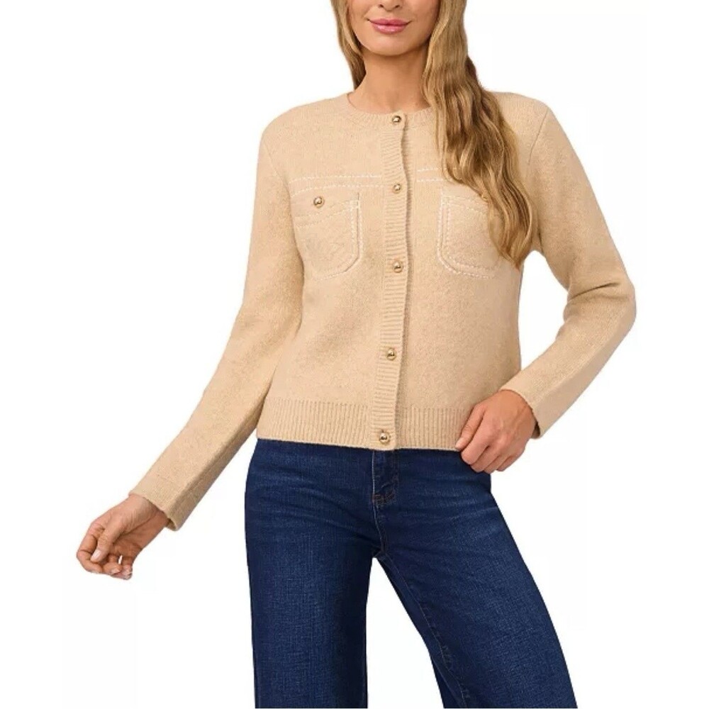 CeCe Cardigan Sweater Gold Buttons Lady Jacket Women's XL Beige Neutrals NWT